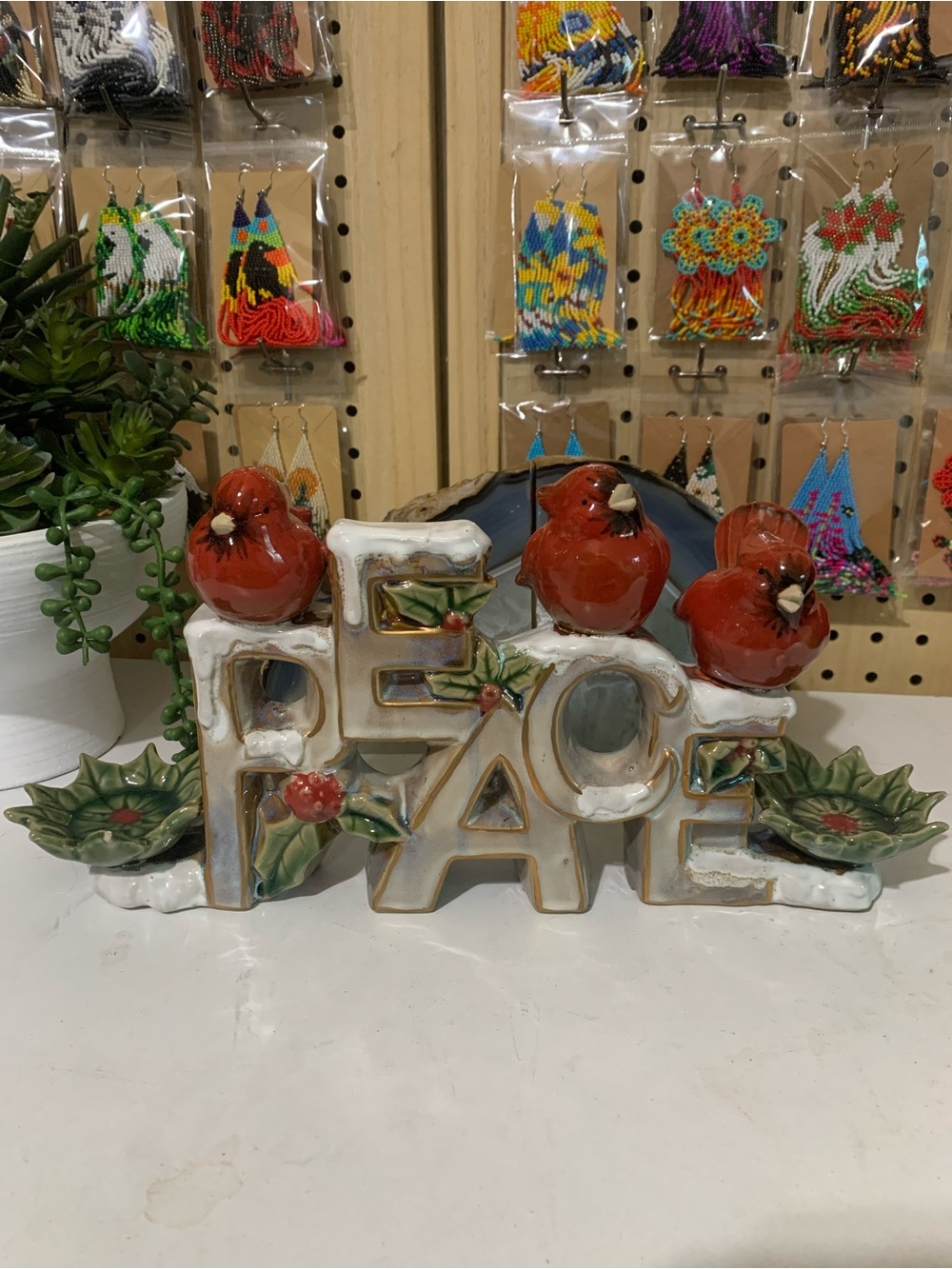 Pier 1 White & Red 'PEACE' Holiday Table Decor with Cardinals